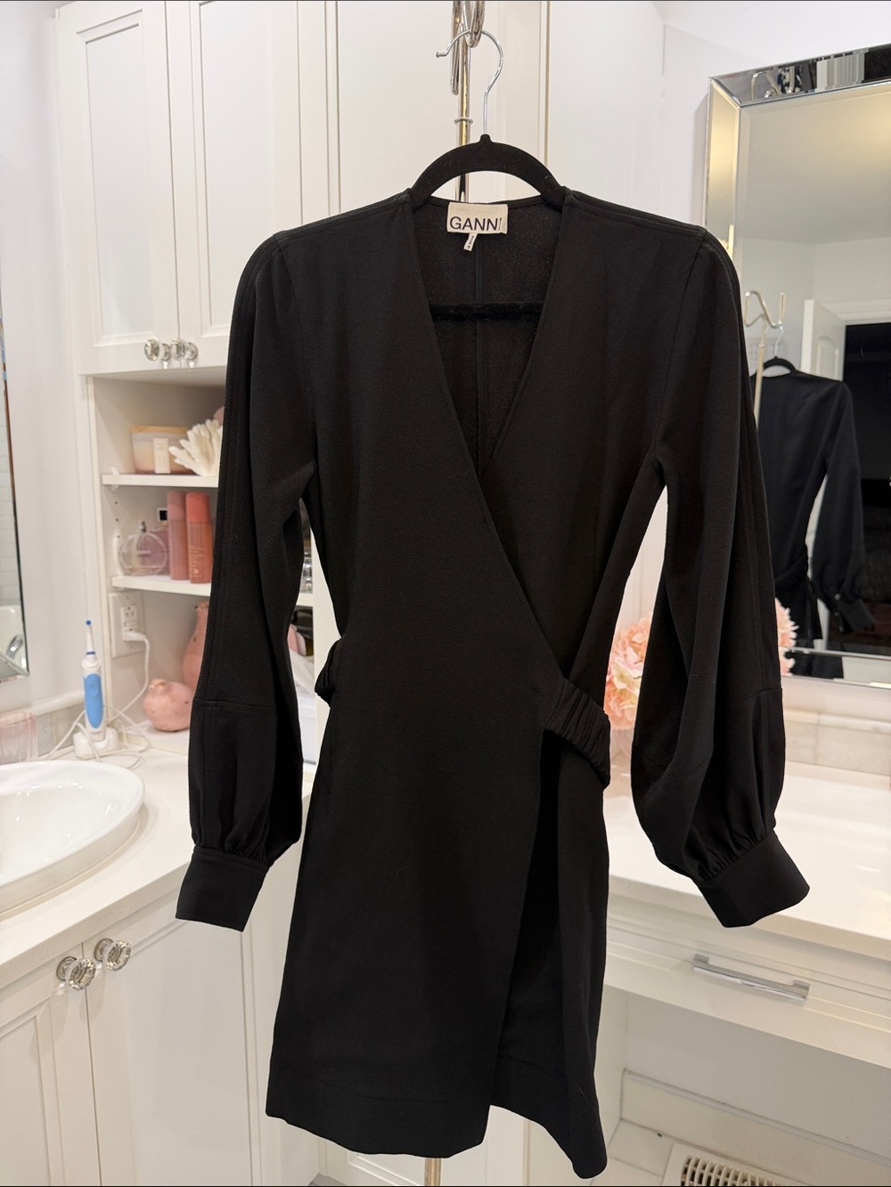 Ganni Black Long-Sleeve Wrap Mini Dress with Puff Sleeves